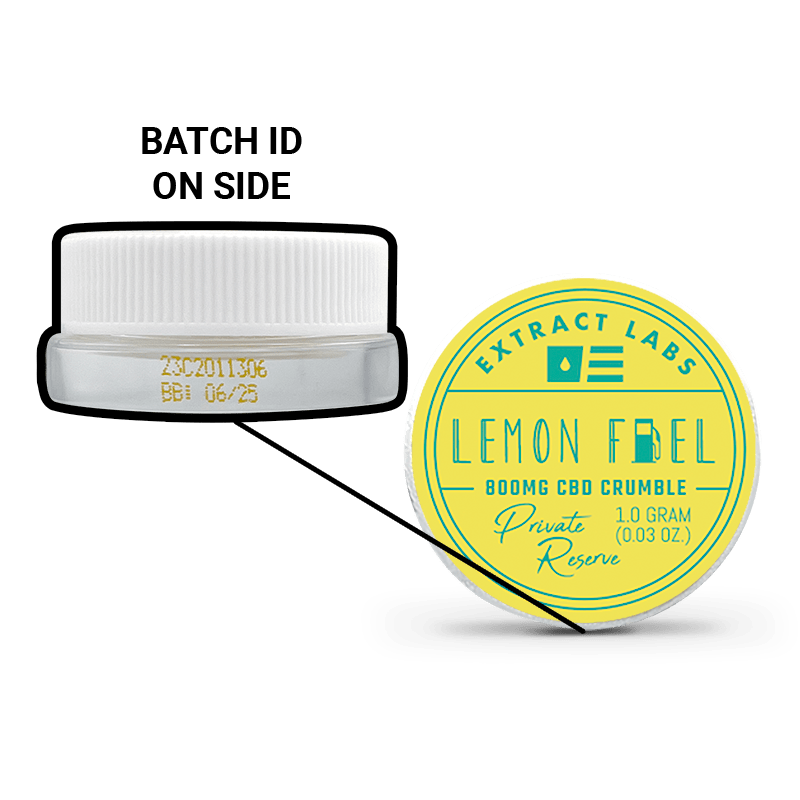 image of Lemon Fuel CBD Crumble | CBD Concentrate Batch ID placement