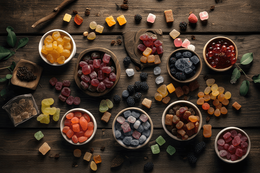 image of an array of gummy colors and shapes for the blog about What's Really in Sleep Gummies: Exploring Ingredients and Alternatives | CBD gummies for sleep | CBN for sleep