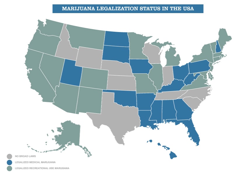 image of marijuana legalization across the United States for blog about How Old Do You Have to Be to Buy CBD? | The Legal Age Simplified | 2018 Farm Bill | How old do you have to buy weed? | CBD vs THC | how old do you have to be to buy a vape | is cbd federally legal | is cbd legal in florida | is cbd legal in colorado | is cbd legal in texas