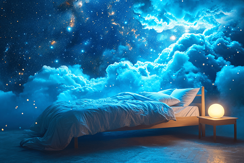 image of bed with clouds and night scene for blog about Lucid Dreaming and CBD: Navigating the Realm of Lucid Dreams | what is lucid dreaming | cbd oil and lucid dreaming | is lucid dreaming dangerous | lucid dreaming techniques | lucid dreaming supplements | cbd for sleep