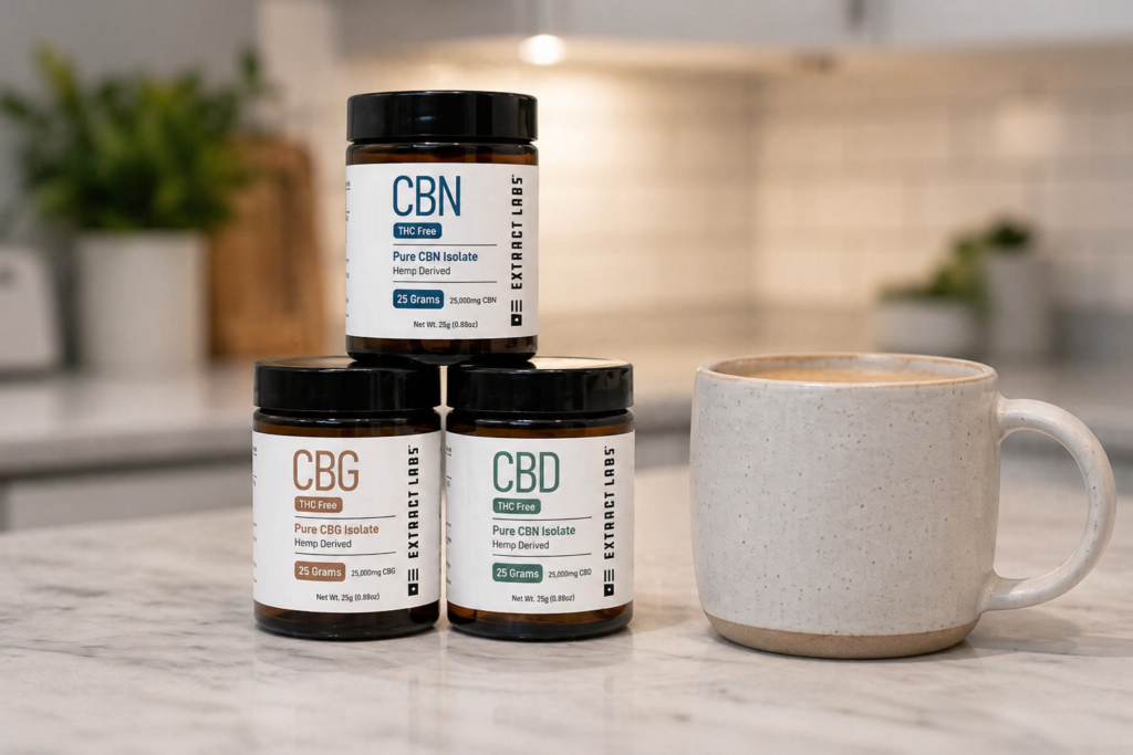 cbn isolate, cbd isolate and cbg isolate stacked on a counter