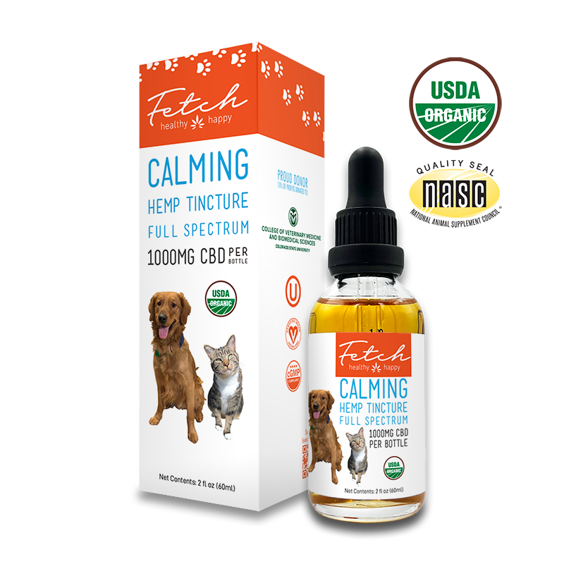 image of the front of 60ml Fetch CBD for Pets Organic CBD Oil Tincture featuring USDA Organic and NASC Certification