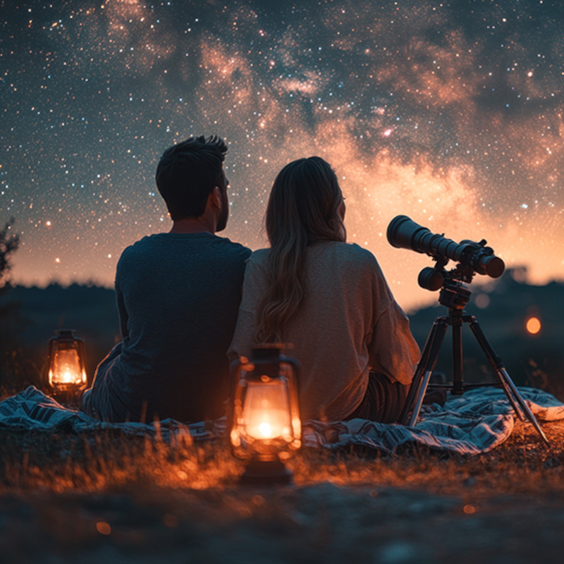 Romantic stargazing date night with CBD relaxation.
