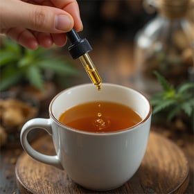 CBD wellness routine with oil drops in tea cup