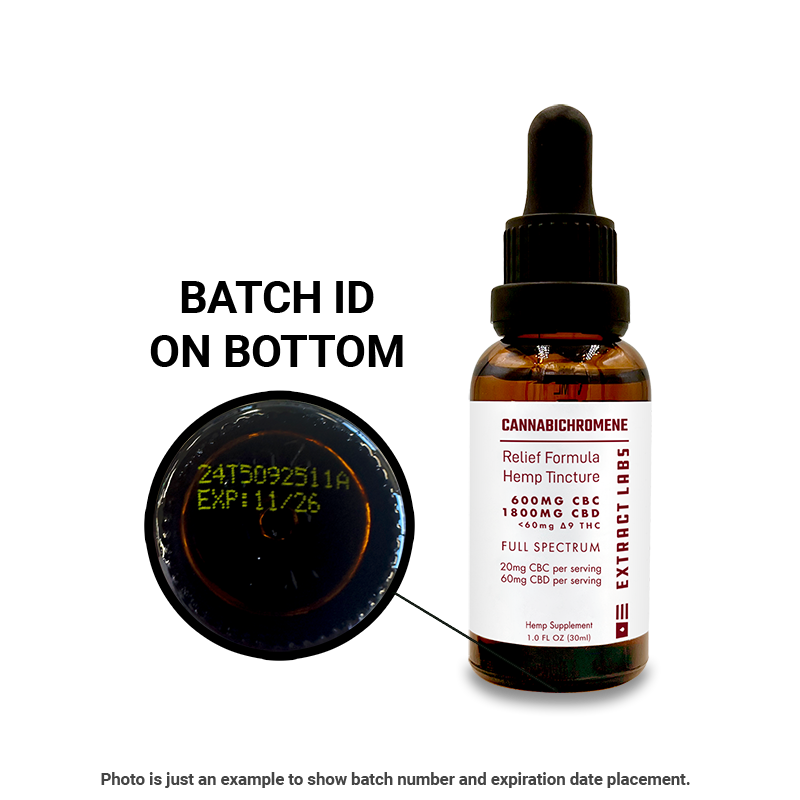 image of the batch id location for Relief Formula CBC Tincture Oil