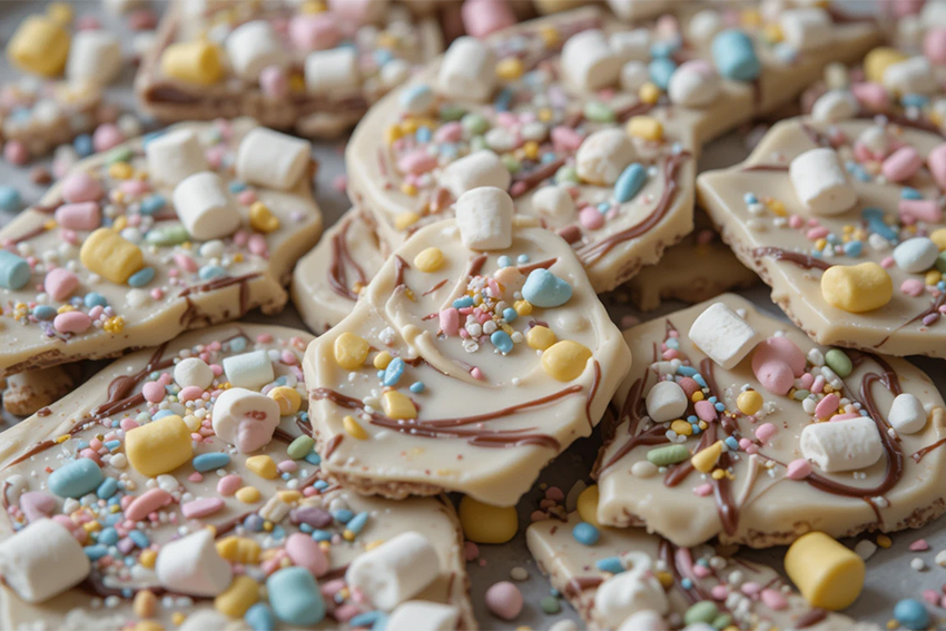 Colorful Easter chocolate bark with swirls of white and milk chocolate, topped with marshmallows and sprinkles.