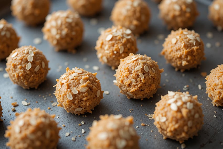 Close-up of no-bake carrot cake bites rolled in oats, arranged on a plate with a warm spring table setting.