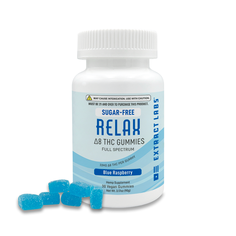 Sugar Free Delta 8 Gummies bottle with blue raspberry gummies displayed