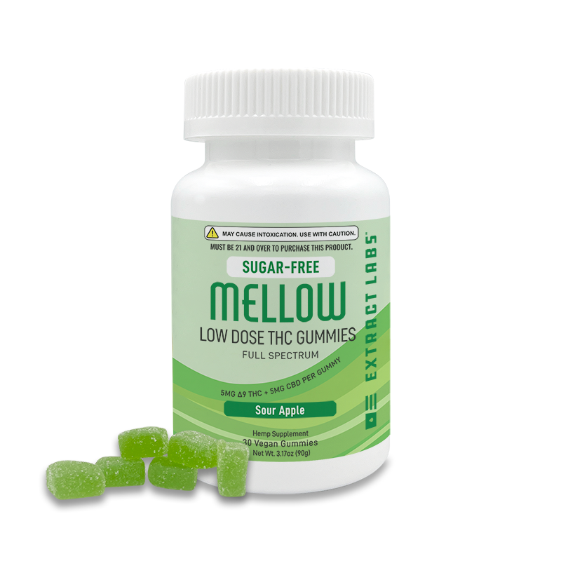 front image of Mellow Low Dose Delta 9 THC Gummies in Sugar Free Sour Apple flavor
