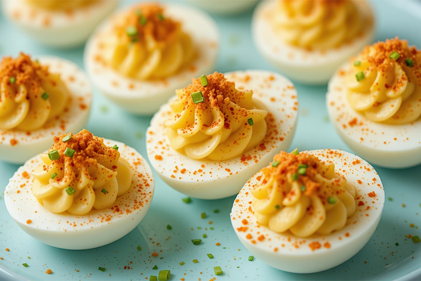 Plate of classic deviled eggs with paprika topping, arranged neatly on a pastel Easter-themed serving dish.