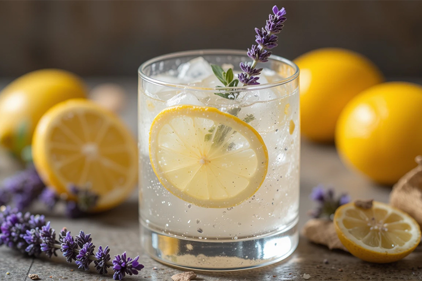 Refreshing lavender lemon mocktail in a glass, garnished with fresh lavender sprigs and lemon slices on ice.