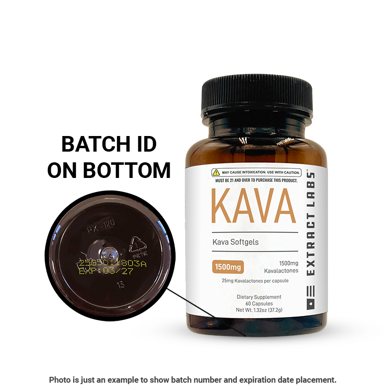 image of the batch id location for Kava Kavalactones Capsules in 1500mg strength