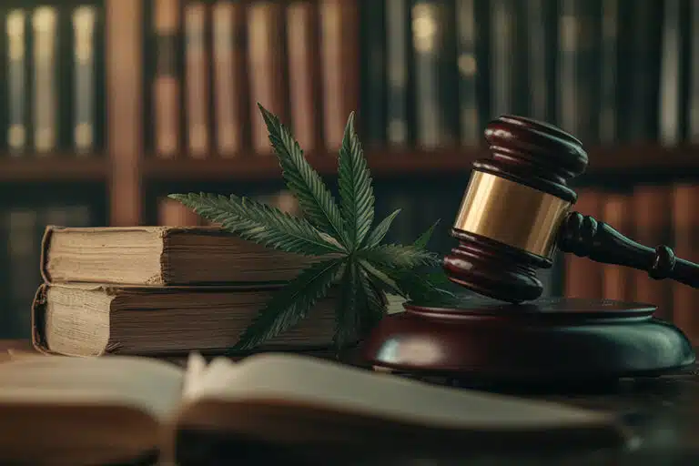 Gavel and hemp leaf symbolizing new federal regulations on hemp-derived THC products