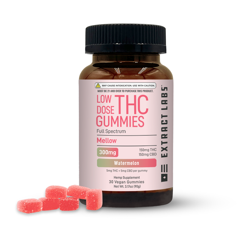 Low Dose Watermelon Delta 9 Gummies bottle with red gummies in front