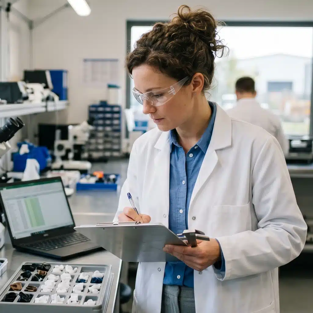 A scientist in a white coat and safety glasses taking notes on a clipboard in a laboratory