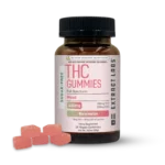 Bottle of Extract Labs Sugar-Free THC Gummies, Mood, Watermelon flavor, 400mg, with pink watermelon gummies displayed beside it