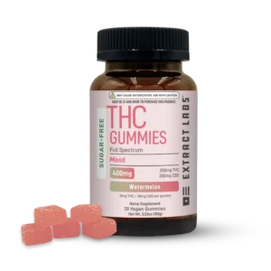 Bottle of Extract Labs Sugar-Free THC Gummies, Mood, Watermelon flavor, 400mg, with pink watermelon gummies displayed beside it