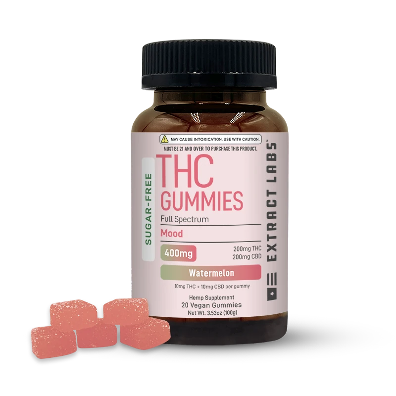 Bottle of Extract Labs Sugar-Free THC Gummies, Mood, Watermelon flavor, 400mg, with pink watermelon gummies displayed beside it