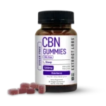 Bottle of Extract Labs Sugar-Free CBN Gummies, Sleep, THC Free, Elderberry flavor, 1200mg, with dark elderberry gummies displayed beside it