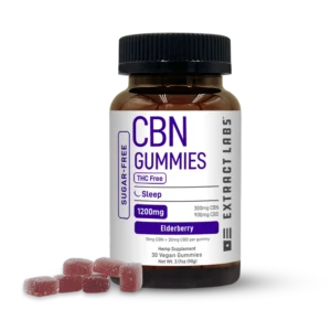 Bottle of Extract Labs Sugar-Free CBN Gummies, Sleep, THC Free, Elderberry flavor, 1200mg, with dark elderberry gummies displayed beside it
