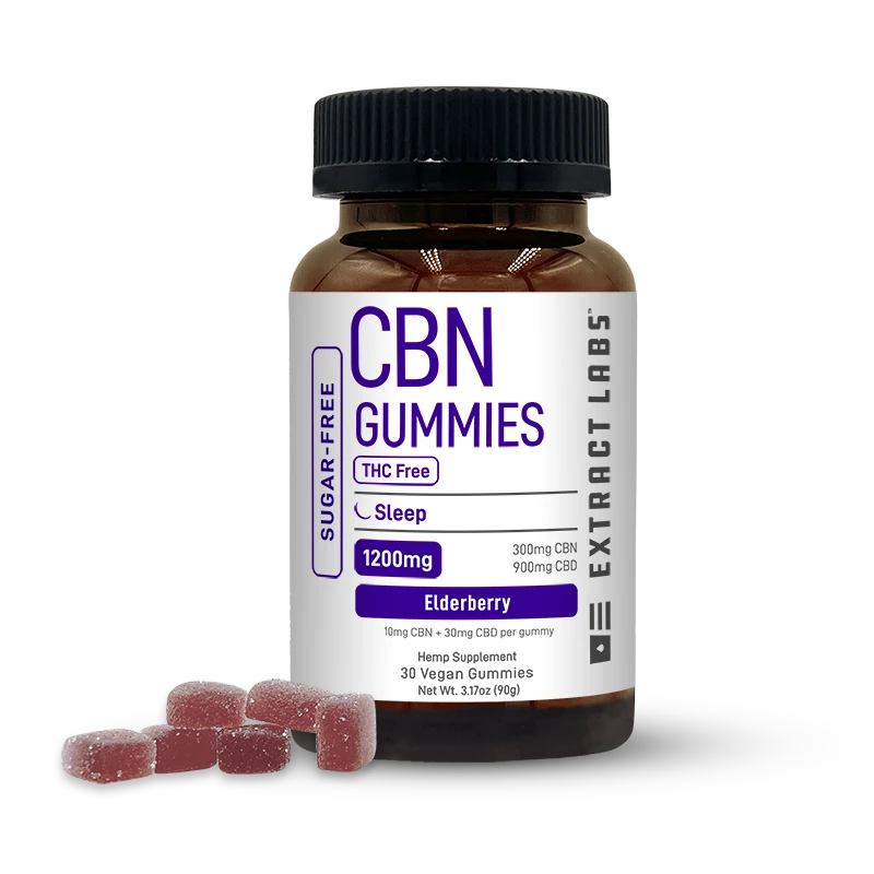 Bottle of Extract Labs Sugar-Free CBN Gummies, Sleep, THC Free, Elderberry flavor, 1200mg, with dark elderberry gummies displayed beside it