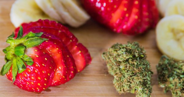 cannabis buds with strawberries and banana terpenes